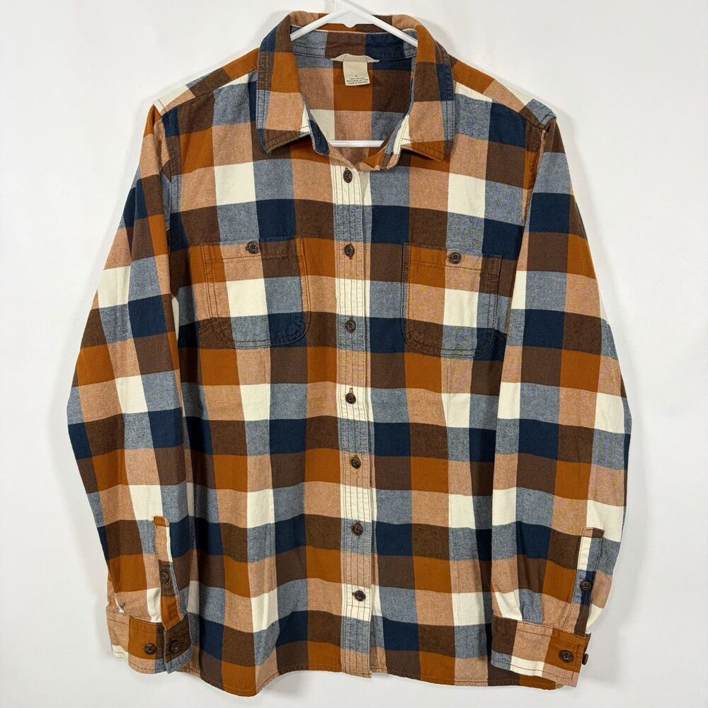 Duluth Trading Button Up Flannel Shirt Womens Size Large Blue Orange Long Sleeve
